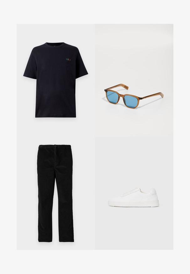 Fekete, rövid ujjú póló, mely puha pamutból készült, és kis hímzett díszítéssel rendelkezik, kék, zöld és piros függőleges vonalakkal.; Fekete, egyenes szárú bársony nadrág, elasztikus derékrésszel és elől húzózsinórral, egyszerű fehér háttér előtt kiemelve.; Fehér sneaker sima bőr felsőrésszel, lekerekített orral, fűzőkkel, texturált oldalsó díszítésekkel és vastag gumitalppal. Minimalista dizájn.; Barna műanyag keretes napszemüveg kék lencsékkel, négyzet alakú, vékony szárakkal, finom textúrájú díszítésekkel a halántékon, és fényes felülettel.