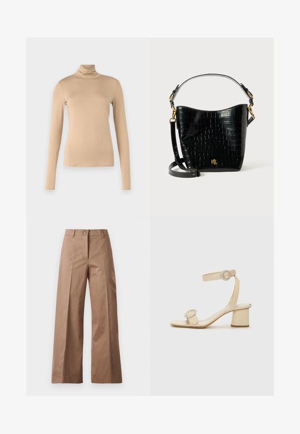 WEEKEND MaxMara MULTIF - Long sleeved top - cammello; Brown wide-leg trousers made from a smooth fabric, featuring a front button closure, two front pockets, and clean, tailored lines.; Beige high-heeled sandals with a minimalist design, featuring two circular accents and a chunky heel. Made from smooth leather.; Black croc-embossed leather bag with a curved shape, gold hardware accents, an adjustable strap, and a logo detail at the front.