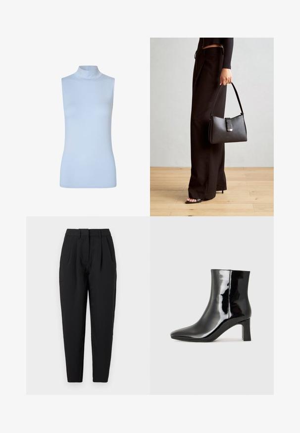 Modström THEO TOP - Top - blue; Zwarte pantalon met een rechte pasvorm, voorzien van plooien aan de voorkant, een gladde structuur en zijzakken. De tailleband heeft een standaardhoogte.; Zwarte gepolijste leren enkellaars met een spitse neus en een blokhak van gemiddelde hoogte. Glad textuur en minimalistisch ontwerp.; Zwarte handtas met gestructureerde vorm, gladde textuur en een metalen sluiting. Gecombineerd met brede zwarte broeken en sandalen met open teen op een houten vloer.