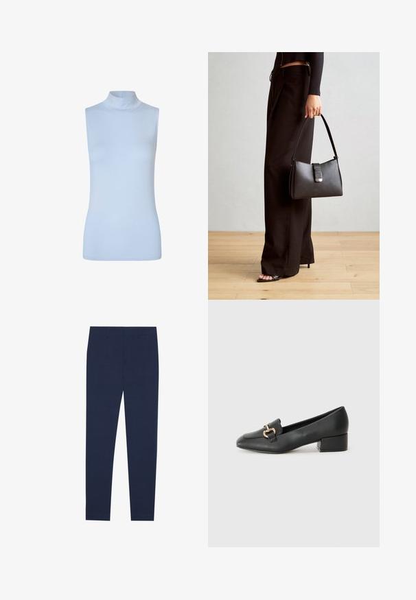 Modström - Top; Granatowe spodnie wykonane z gładkiego materiału, o prostym kroju i płaskim przodzie. Brak widocznych wzorów lub akcentów.; Czarne skórzane loafersy z płaskim obcasem, z ozdobnym złotym detalem z przodu i gładką fakturą.; Czarna torebka o usztywnionym kształcie, gładkiej fakturze i metalowym zapięciem. Połączona z szerokimi czarnymi spodniami i sandałami na otwartym palcu na drewnianej podłodze.