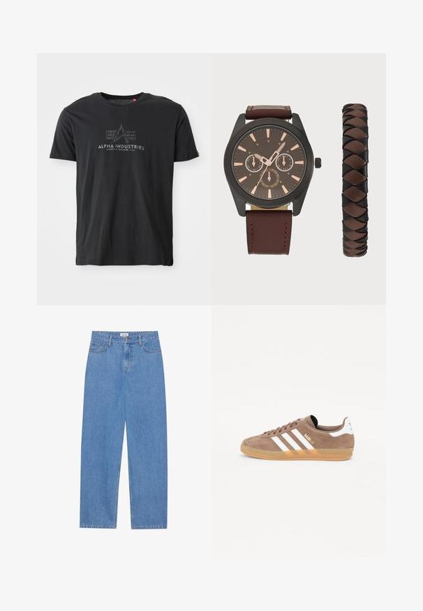 Sort bomuld crew neck t-shirt med en tekstureret logo-print med ordene "ALPHA INDUSTRIES" og et trekantet design i midten.; Lysblå denim jeans med lige pasform, femlommemodel, enkelt knaplukning og diskrete syninger på sømmene.; Brune ruskinds sneakers med tre hvide striber, gylden "Gazelle" logo og gummisåler. Udstyret med polstret tunge og hæl for ekstra komfort.; Pier One SET - Ure - black/brown
