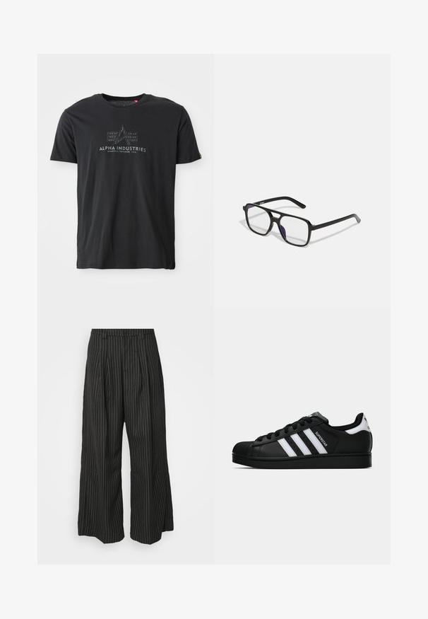 Sort bomuld crew neck t-shirt med en tekstureret logo-print med ordene "ALPHA INDUSTRIES" og et trekantet design i midten.; Sorte båndstribede brede bukser med folder, der har et skrædderlavet design og en blød tekstur. Ingen synlig hardware eller accenter.; Sort Adidas Superstar sneaker med hvide striber, skaletå og "Superstar"-tekst på siden, vist i sideprofil på hvid baggrund.; Sorte rektangulære briller med klare linser og en subtil lilla nuance, der har slanke arme og et minimalistisk design.