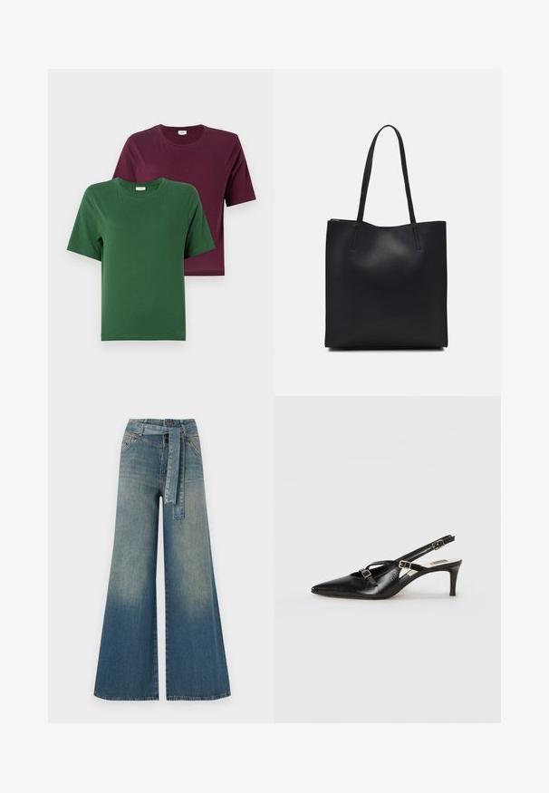 Due magliette a maniche corte: una verde e una borgogna, realizzate in cotone morbido, con scolli rotondi e design semplici.; Pantaloni in denim a gamba larga con una sfumatura che va dal blu chiaro al blu scuro, vita alta, passanti per cintura e una cintura in tessuto coordinato. Finitura in denim strutturato.; Scarpa slingback in pelle nera con punta appuntita, caratterizzata da sottili cinghie e fibbie metalliche, su un tacco affusolato di 6 cm. Texture liscia.; Borsa tote in pelle nera con texture liscia, forma rettangolare e due manici lunghi. Nessun hardware o decorazione visibile.