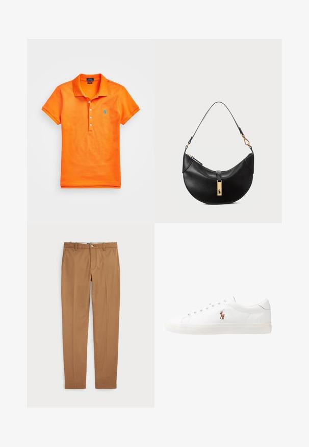 Narancssárga pamut polo ing, háromgombos felsőrésszel, rövid ujjú, és bal oldali mellrészen kék hímzett logóval.; Barna pamut nadrág, karcsú szabású, sima elülső résszel és standard zsebekkel; sima tapintású és hemzsegő szegélyekkel.; Fehér bőr sportcipők, alacsony fazonban, sima textúrával, kerek orral, fűzős előlappal és egy kis hímezett logóval az oldalon.; Fekete bőr kézitáska félhold alakú formában. Aranyszínű fémrészekkel és keskeny pánttal rendelkezik. Simább felület, cipzáras záródás a tetején.