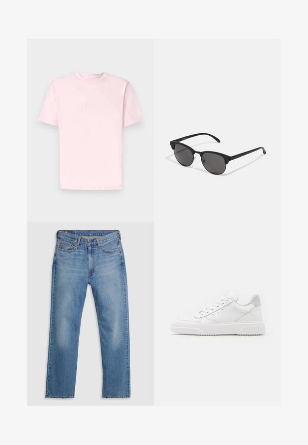 Jack & Jones JORVESTERBRO CREW NECK - Majica kratkih rukava s printom - fairy tale; Plave traperice ravnog kroja s prednjim gumbom i patentnim zatvaračem, petljama za remen i dizajnom s pet džepova na bijeloj podlozi.; Bijele kožne tenisice s glatkom površinom, okruglim vrhom, ravnim vezicama i strukturiranom potplatom. Sivi antilop naglasak na peti.; Crne sunčane naočale s okruglim lećama, mat završetkom i specifičnim oblikom mačjih očiju. Tanke naramenice s diskretnim brendiranjem na lijevom hramu.