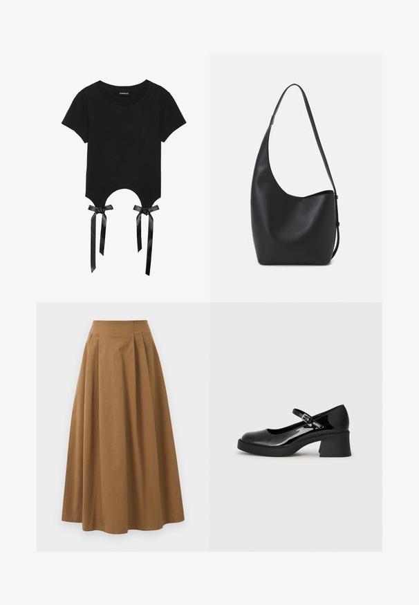 Fekete cropped póló, puha pamutból készült, kerek nyakkivágással, rövid ujjakkal és egyedi kivágott dizájnnal, amelyet selyemszaezi masnik díszítenek.; Barna pamut A-vonalú szoknya magas derékkal, elöl pliszézett és sima textúrával. Az alsó szegélyek letisztultak és egyszerűek.; Fekete lakk bőr Mary Jane cipő kerek orral, állítható pánttal és tömzsi négyzetes sarokkal. A talpa texturált.; Fekete bőr hobo táska sima textúrával, ívelt formával és egyetlen állítható pánttal; széles nyílás található a tetején.
