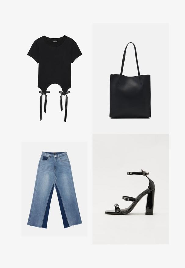 Mustat lyhyt crop-top -t-paita, joka on valmistettu pehmeästä puuvillasta, jossa on pyöreä kaula-aukko, lyhyet hihat ja ainutlaatuinen leikkauksellinen muotoilu, jota korostavat satiininen nauhat.; Vaaleansiniset leveät farkut, joissa on tummansiniset kontrastipaneelit, repaleiset helmankohdat ja normaali vyötärö metallinappisuljennalla.; Musta kiiltävä korkokenkä sandaalit neliönmuotoisella varpaalla, nilkkaremmillä ja hopeisilla soljilla. Varustettu tukevalla lohkokorkealla vakauden takaamiseksi.; Mustapahkainen kangaskassi, jossa on sileä pinta, suorakaiteen muotoinen ja kaksi pitkää kahvaa. Ei näkyvää metalliosaa tai koristeita.