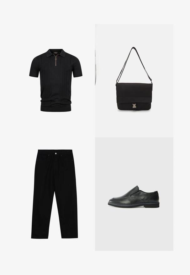 Svart kortärmad stickad polo med strukturerade vertikala ränder och en halvdragkedja med en rund dragflik vid kragen.; Svarta denimbyxor med rak passform, femficksdesign och framknäppning. Slät textur med minimala sömdetaljer.; Svart lädersko i slip-on-modell med en slät ovandel, sömnadsdetaljer, rund tå och låg gummihäl. Sulan har minimal mönstring.; Svart messenger väska i slät material med en vikbar klaff, silverfärgade spännen och justerbar axelrem.