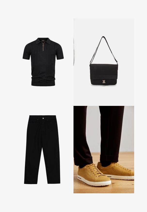 Svart kortärmad stickad polo med strukturerade vertikala ränder och en halvdragkedja med en rund dragflik vid kragen.; Svarta denimbyxor med rak passform, femficksdesign och framknäppning. Slät textur med minimala sömdetaljer.; Gula ribbade sneakers med vita sulor, featuring rund tå, snörning och texturerad yta, bärs med svarta uppvikta byxor på trägolv.; Svart messenger väska i slät material med en vikbar klaff, silverfärgade spännen och justerbar axelrem.