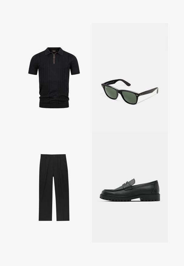 Schwarzes kurzärmliges Strickpolo mit strukturierten vertikalen Streifen und einem halben Reißverschluss mit einem runden Zugdings am Kragen.; Schwarze Hose mit geradem Schnitt, aus einem glatten Stoff gefertigt. Verfügt über Vorderfalten und einen einzelnen Knopfverschluss an der Taille.; Schwarze Lederloafer mit runder Zehenform, ausgestattet mit einem gesteppten Design, niedrigem Plattformsohle und einer strukturierten, genoppten Gummisohle.; Schwarze Plastiksonnenbrille mit grünen Gläsern, quadratischen Rahmen, silbernem Akzent auf der Augenbraue und strukturierten Bügeln. Angegebene Marke auf dem inneren Bügel.