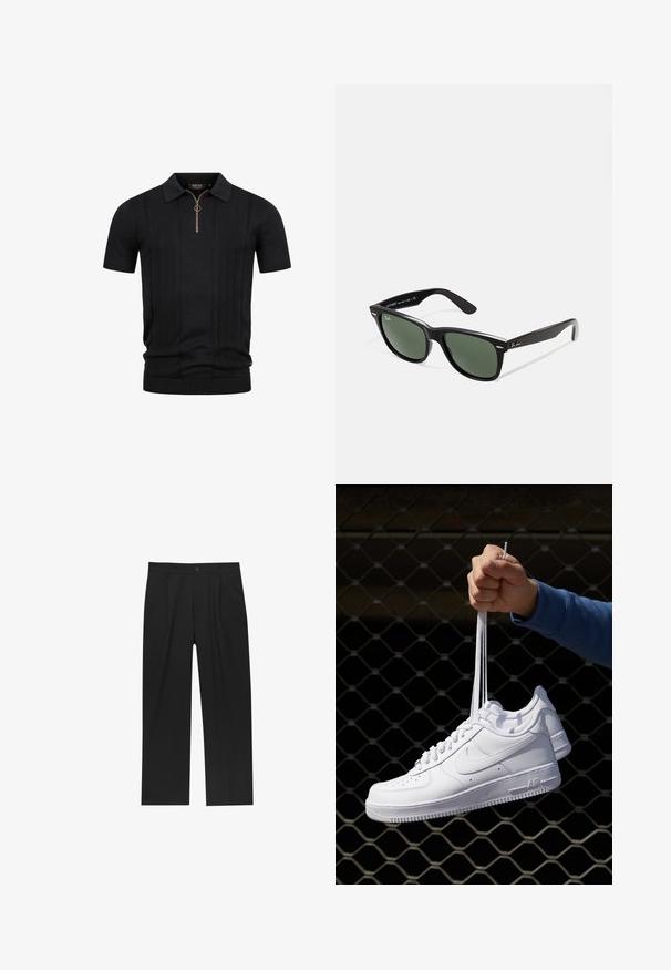 Zwarte korte mouwen gebreide polo met gestructureerde verticale strepen en een halve rits met een ronde trekker aan de kraag.; Zwarte broeken met een recht model, gemaakt van een gladde stof. Voorzien van een voorplooien en een enkele knoopsluiting bij de taille.; Witte leren sneakers met perforaties, ronde neus, vlakke zool en dikke veters, met een zichtbare swoosh-logo en "AIR" op de hiel.; Zwarte plastic zonnebril met groene lenzen, vierkante montuur, zilveren accent op de wenkbrauw en een gestructureerde tempel. Merken vermeld op de binnenkant van de arm.