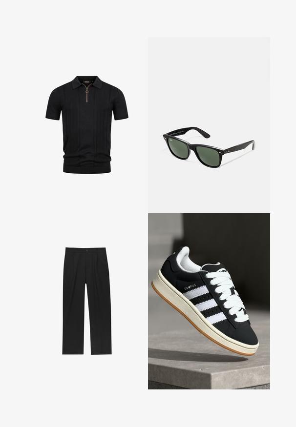 Zwarte korte mouwen gebreide polo met gestructureerde verticale strepen en een halve rits met een ronde trekker aan de kraag.; Zwarte broeken met een recht model, gemaakt van een gladde stof. Voorzien van een voorplooien en een enkele knoopsluiting bij de taille.; adidas Originals CAMPUS 00S - Sneakers laag - core black/footwear white/off-white; Zwarte plastic zonnebril met groene lenzen, vierkante montuur, zilveren accent op de wenkbrauw en een gestructureerde tempel. Merken vermeld op de binnenkant van de arm.
