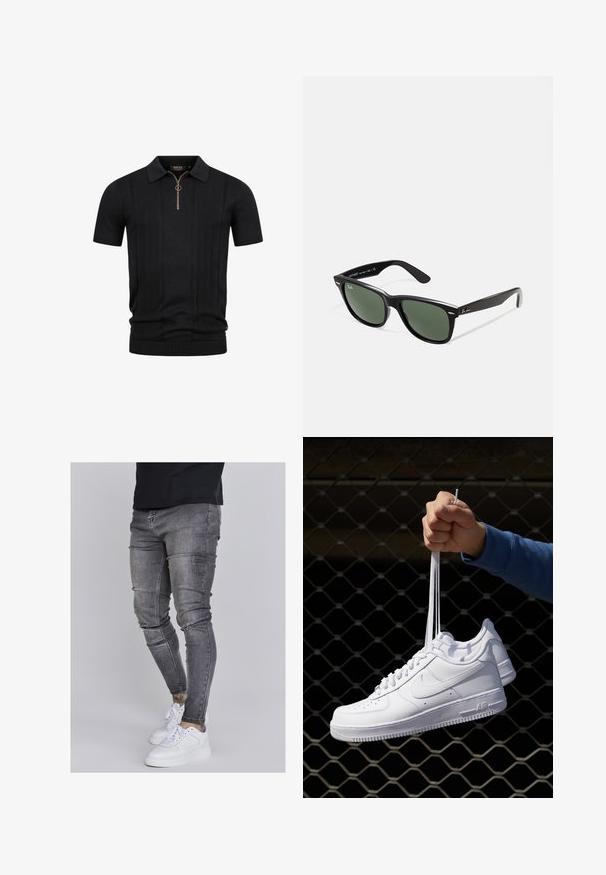 Sort kortærmet strik polo shirt med teksturerede lodrette striber og en halvlynlås med en rund pull tab ved kraven.; Slank jeans i falmet grå denim med slidte detaljer ved knæene, parret med hvide sneakers. Glat tekstur, slim fit design.; Hvide lædersneakers med perforeringer, rund tå, flad sål og tykke snørebånd, med et synligt swoosh-logo og "AIR" på hælen.; Sorte plastiksolkaber med grønne linser, firkantede stel, sølvaccent på brynene og teksturerede templede arme. Angivet mærke på den indre arm.; Sølv rustfrit stål urrem med en marineblå urskive, metallic timemarkører og et datovindue kl. 3. Vandafvisende op til 50 meter.