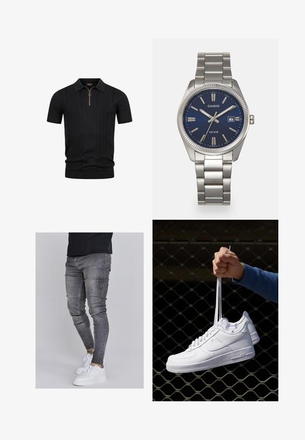 Sort kortærmet strik polo shirt med teksturerede lodrette striber og en halvlynlås med en rund pull tab ved kraven.; Slank jeans i falmet grå denim med slidte detaljer ved knæene, parret med hvide sneakers. Glat tekstur, slim fit design.; Hvide lædersneakers med perforeringer, rund tå, flad sål og tykke snørebånd, med et synligt swoosh-logo og "AIR" på hælen.; Sølv rustfrit stål urrem med en marineblå urskive, metallic timemarkører og et datovindue kl. 3. Vandafvisende op til 50 meter.