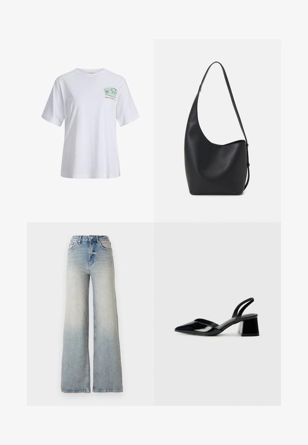 Camiseta de algodón blanca con mangas cortas, corte relajado, presenta un gráfico verde en el pecho y el texto rojo "DESDE 2020" debajo.; Jeans de mezclilla de tiro alto y pierna ancha en color azul claro, con cinco bolsillos y costuras visibles a lo largo de las costuras.; Zapatos de tacón slingback de charol negro con punta afilada y tacón geométrico en bloque. Presentan un diseño elegante y minimalista, así como una textura suave.; Bolso tipo hobo de cuero negro con una textura suave, forma curvada y una sola correa ajustable; presenta una amplia apertura en la parte superior.