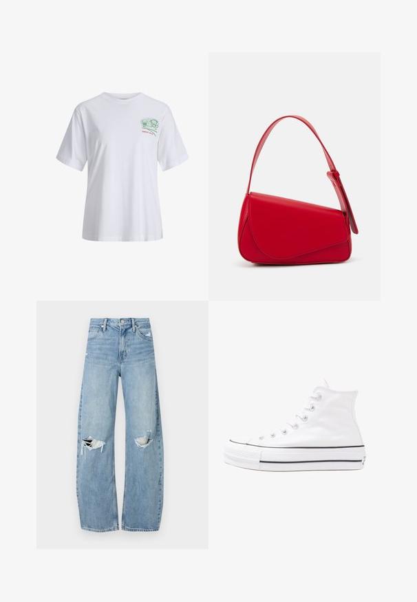 T-shirt branca de algodão com mangas curtas, ajuste relaxado, apresenta um gráfico verde no peito e texto vermelho "DESDE 2020" abaixo.; Jeans de lavagem clara, de cintura alta, feitos de denim. Apresentam pernas largas, duas áreas rasgadas nos joelhos e o estilo clássico de cinco bolsos.; Sapatilha alta de tela branca com sola de borracha preta, bico de borracha na frente e seis ilhós para os atacadores, apresentando um design limpo e minimalista.; Bolsa de mão em couro vermelho com um design angular e geométrico. Apresenta uma única alça ajustável e um fecho com aba, com detalhes cosidos.