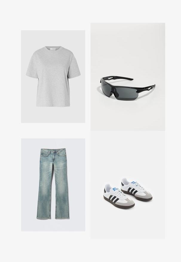 Light gray short-sleeve t-shirt made from soft fabric, featuring a crew neck, relaxed fit, and no visible patterns or hardware.; Light blue denim jeans with slight fading, five pockets, button closure, and straight legs on a white background.; Sport shoes with a white leather upper, gray suede toe, and three black stripes. Features a blue logo on the tongue and a textured rubber sole.; Black sports sunglasses with curved lenses, lightweight plastic frame, and textured temples. Sleek design with integrated nose piece.; Black woven leather handbag with a slouchy design, featuring a knotted strap and a small decorative gold stud at the top.