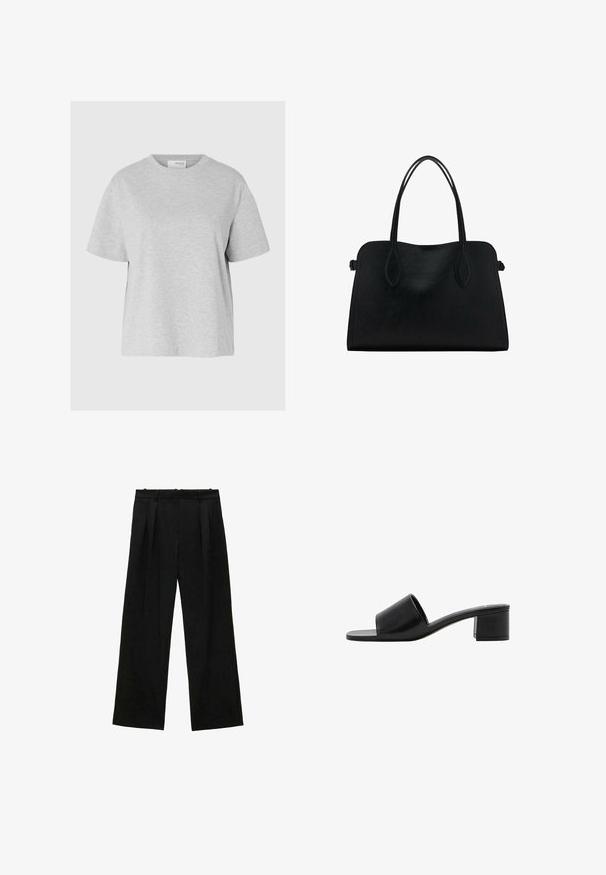 Svijetlo siva kratka majica s kratkim rukavima napravljena od mekane tkanine, s okruglim izrezom, opuštenim krojem i bez vidljivih uzoraka ili dodataka.; Crne široke hlače s plisama, s glatkom teksturom i visokim strukom. Minimalistički stil, bez vidljivih metalnih dijelova ili ukrasa.; Crne kožne sandale otvorenih prstiju s širokom trakom i čvrstim blok-potpeticom. Imaju glatku teksturu i minimalistički dizajn.; Crna kožna torba s dvostrukim naramenicama, pravokutnog oblika i minimalističkim dizajnom na bijeloj pozadini.