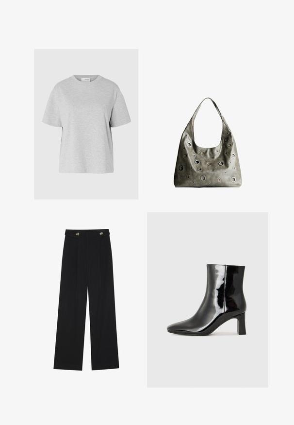 Vaaleanharmaa lyhythihainen t-paita, joka on valmistettu pehmeästä kankaasta. Paita on pyöreäkaula-aukollinen, rentoa mitoitusta ja siinä ei ole näkyviä kuvioita tai varusteita.; Mustat leveälahkeiset housut, joissa on korkea vyötärö, napit vyötärönauhassa ja etupuolella laskokset.; Musta patenttilakattu nilkkuri, jossa on terävä kärki ja keskipitkä lohkarekorko. Silkkinen pinta ja minimalistinen muotoilu.; Oliivinvihreä nahkalaukku, jossa on rento muotoilu, ja jossa on erilaisia kokoisia pyöreitä läpivientejä sekä tummempia ja vaaleampia yksityiskohtia.