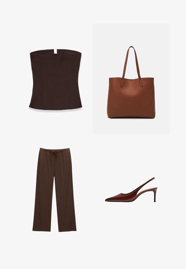 Rjava brezramna majica s ravnim izrezom, ki ima spredaj detajl v obliki ključavnice, izdelana iz gladkega materiala s prilegajočim krojem.; Rjave široke hlače iz mehkega materiala, z elastičnim pasom in vrvico za zategovanje ter dvema stranskima žepoma.; Rde patent usnjene slingback pete s koničastim nosom, tanko peto in odprtim hrbtom. Gladka tekstura in minimalna detajl.; Rjava usnjena torba z gladko teksturo, odprto zasnovo zgoraj in dvema naramnima trakovoma. Opremljena je z minimalnim šivanjem in brez vidnih kovinskih delov.