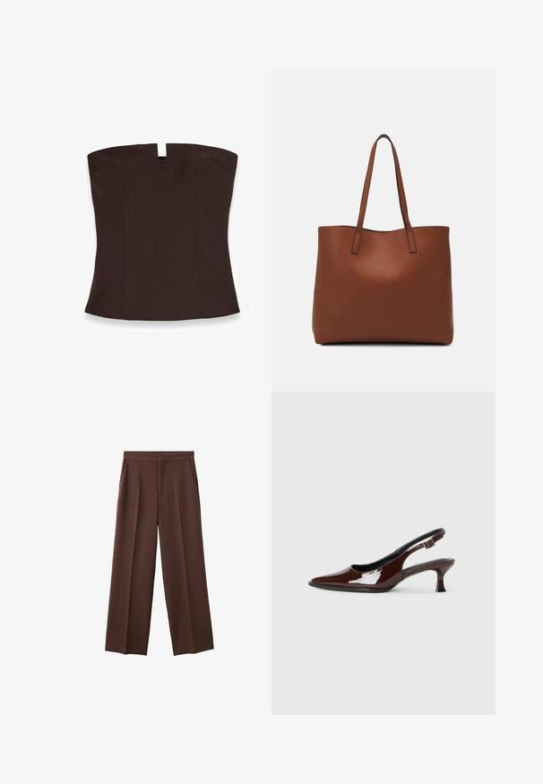 Brun strapless topp med rak halsringning, med en nyckelhålsdetalj fram, tillverkad av mjukt tyg med en skräddarsydd passform.; Bruna byxor med bred benvidd och slät textur, med två sidofickor och en veckad front för en avslappnad passform.; Brun lackläder slingback-sko med spetsig tå och en måttlig klack. Utrustad med en spännband för säker passform. Slät textur.; Brun läder tote-väska med en slät textur, öppen toppdesign och två axelremmar. Har minimal söm och ingen synlig metalldetalj.