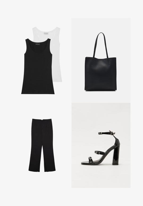 Twee tanktops in zwart en wit. Gemaakt van zachte katoen, hebben ze een ronde hals en een mouwloos ontwerp. Labels zijn zichtbaar aan de achterkant.; Zwarte broek met een rechte pasvorm, voorzien van zijzakken en plooien aan de onderzijde. Gemaakt van zachte, gladde stof. Geschikt voor verschillende gelegenheden.; Zwarte gepatenteerde sandalen met hak en een vierkante neus, enkelbandjes en zilveren gespen. Heeft een stevige blokhak voor stabiliteit.; Zwarte leren handtas met een gladde textuur, rechthoekige vorm en twee lange handvaten. Geen zichtbare hardware of versieringen.