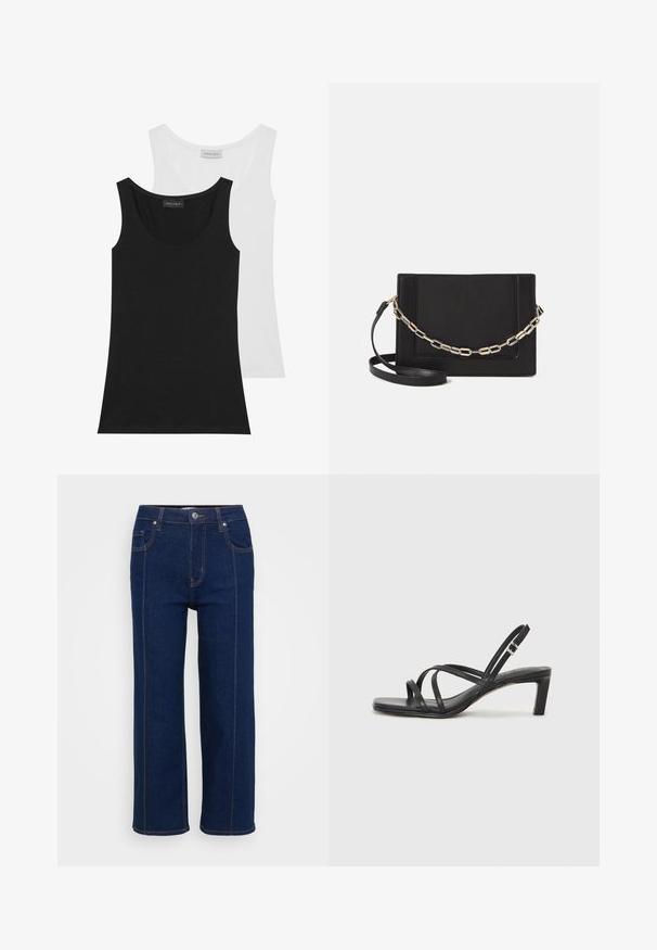 Dva majica bez rukava u crnoj i bijeloj boji. Made od mekanog pamuka, imaju okrugli izrez na vratu i dizajn bez rukava. Oznake su vidljive na leđima.; Tamno plave traperice ravnog kroja s kopčanjem na gumbe, prednjim i stražnjim džepovima te vidljivim narančastim šavovima duž šavova.; Crne sandale s trakama, kvadratnim prstom i niskom blok petom. Ima više tankih trakica i podesivu trakicu oko gležnja. Izrađene su od glatke kože.; Crna kožna torba preko tijela s glatkom teksturom, pravokutnim oblikom i metalnim lancem na prednjoj strani. Uključena je podesiva naramenica.