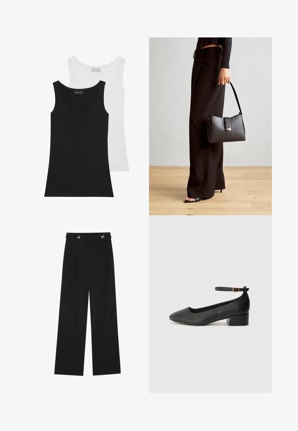 Két ujjatlan felső fekete és fehér színben. Puha pamutból készültek, kerek nyakkivágással és ujjatlan kialakítással rendelkeznek. A címkék láthatóak a hátsó részen.; Fekete, bő szárú nadrág magas derékkal, gombos részletekkel a derékrészen és elülső pliszékkal.; Fekete bőr magassarkú cipő hegyes orral és alacsony tömb sarkal. Bokapánttal rendelkezik, aranyszínű csattal. Simább textúra.; Fekete kézi táska strukturált formával, sima textúrával és fémből készült záródással. Széles fekete nadrággal és nyitott orrú szandállal párosítva, fából készült padlón.