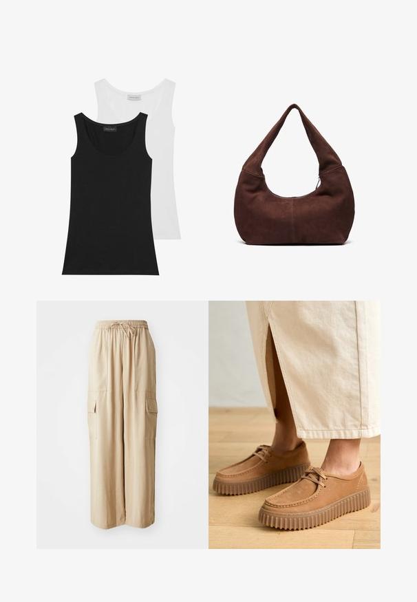 Two tank tops in black and white. Made of soft cotton, they feature a round neckline and sleeveless design. Labels are visible at the back.; Beige wide-leg cargo pants made from a lightweight fabric. Features an elastic waistband, drawstring, and side pockets with flaps.; Tan leather shoes with a textured surface, round toe, and thick, ridged soles. Laces and stitching detail enhance the design.; Brown suede hobo bag with a curved, wide handle and a large opening. Soft texture with visible stitching detailing along the edges.