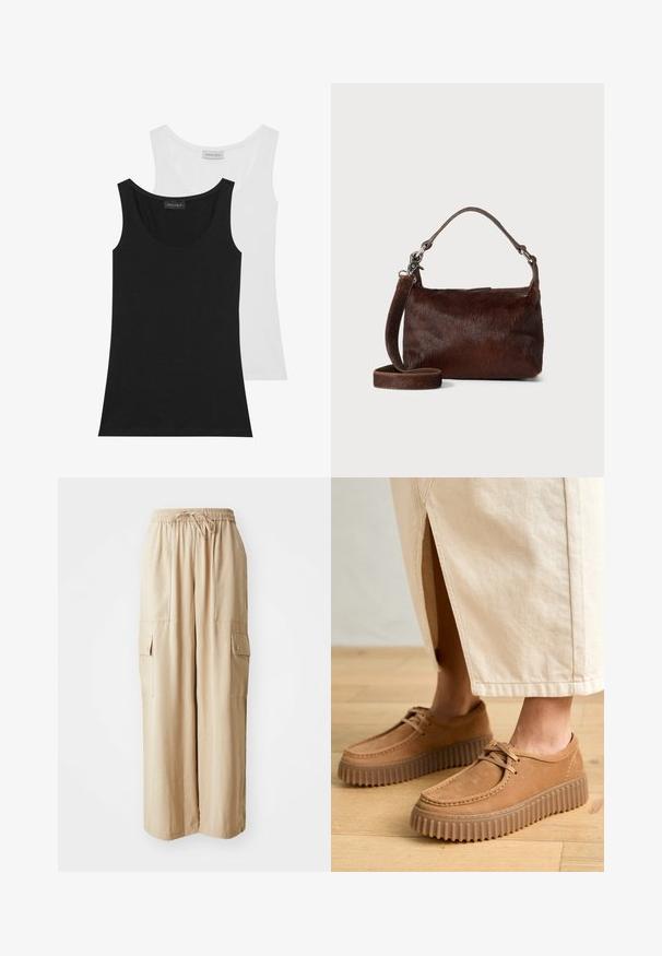 Dos camisetas sin mangas en negro y blanco. Hechas de algodón suave, cuentan con un escote redondo y un diseño sin mangas. Las etiquetas son visibles en la parte posterior.; Pantalones cargo de pernera ancha en color beige, hechos de un tejido ligero. Cuentan con una cinturilla elástica, cordón ajustable y bolsillos laterales con solapa.; Zapatos de cuero marrón claro con una superficie texturada, puntera redonda y suelas gruesas y estriadas. Los cordones y los detalles de costura realzan el diseño.; Bolso de cuero marrón con un exterior suave y texturizado similar a la piel de un animal, diseño delgado, un asa corta y una correa desmontable.