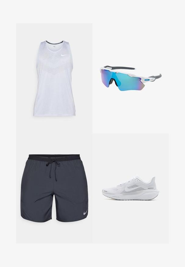 Weißes Nike Tanktop mit Rundhalsausschnitt, ärmellosem Design und strukturiertem Muster auf der Vorderseite, mit einem kleinen Logo in der Nähe der Schulter.; Dunkelgraue Nike Laufshorts mit einem elastischen Bund und einem Zugband sowie einem silbernen Logo-Akzent am unteren rechten Bein.; Weißer Sportschuh mit einem Obermaterial aus Mesh, glatten Überzügen, grauen Akzenten, Schnürsenkeln und einer gepolsterten Sohle, die für Leistung ausgelegt ist.; Sonnenbrille mit einem weißen Rahmen, grauen Akzenten und blauen Spiegellinsen. Sportliches Design, umschließende Form und verstellbare Nasenpads.
