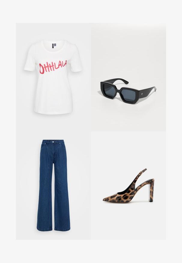 Valkoinen puuvillateepaita lyhyillä hihoilla, jossa on kimaltelevaa punaista tekstiä "OHHLALA" edessä leikkisällä kursiivilla.; Laivansiniset leveälahkeiset farkut korkealla vyötäröllä, edessä napit ja vetoketju, sekä etu- ja takataskut tasaisella taustalla.; Sandaali leopard-kuvioisella varrella, jossa on terävä nenä ja läpinäkyvä lohko korko. Valmistettu kiiltävästä materiaalista, jolla on sileä pinta.; Mustat ylisuuret aurinkolasit, joissa on geometrinen muotoilu, suorakulmaiset linssit ja kiiltävä pinta. Ei näkyvää brändäystä edessä.; Kultaketjuveljet, joissa on sileä ja pyöristetty muotoilu. Varustettu pienellä saranalukolla, kevyen näköinen ja kiiltävä pinta.