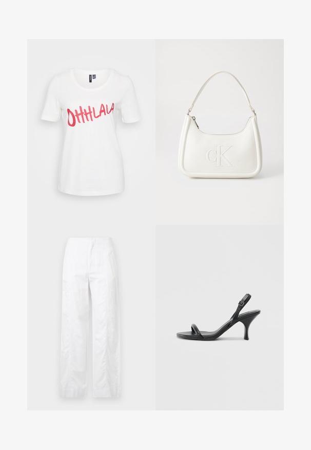 White cotton T-shirt with short sleeves, featuring glittery red text "OHHLALA" across the front in a playful cursive font.; White wide-leg trousers made of lightweight fabric, featuring a smooth texture, clean lines, and a high waist design.; Black leather high-heeled sandals with a slim, curved heel and a crossed strap design. Adjustable ankle strap. Smooth texture.; White leather handbag with a curved shape, featuring an embossed "CK" logo on the front and a single shoulder strap. Zipper closure at top.