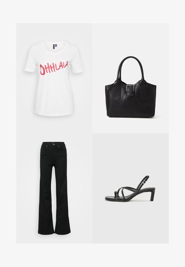 Valkoinen puuvillateepaita lyhyillä hihoilla, jossa on kimaltelevaa punaista tekstiä "OHHLALA" edessä leikkisällä kursiivilla.; Mustat levenevät farkut, valmistettu denimmateriaaleista. Korkea vyötärö, viisi taskua ja metallinen napitus. Sileä pinta, jossa on minimaalinen yksityiskohtaisuus.; Mustat hihnalligat, joissa on neliön muotoinen kärki ja matala lohkokorko. Ominaisuuksiin kuuluu useita ohuita hihnoja ja säädettävä nilkkahihna. Valmistettu sileästä nahasta.; Musta nahkainen olkalaukku, jossa on sileä pinta, ryhdikäs muoto, kaksi kahvaa ja silmienpistävä hopeinen solkiyksityiskohta edessä.