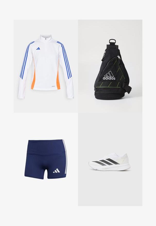 adidas Performance TIRO24 TRAINING TOP WOMEN - Long sleeved top - white/lucid blue/app solar red; Navy blue athletic shorts with a tight fit, made of smooth fabric, featuring white side stripes and a logo on the lower left.; White athletic shoe with black diagonal stripes, mesh upper, rounded toe, and textured sole. Accents include a silver heel and minimalistic design.; Black fabric sling bag with textured surface, white logo, green accents, adjustable strap, and front zip pocket. Compact and triangular shape.