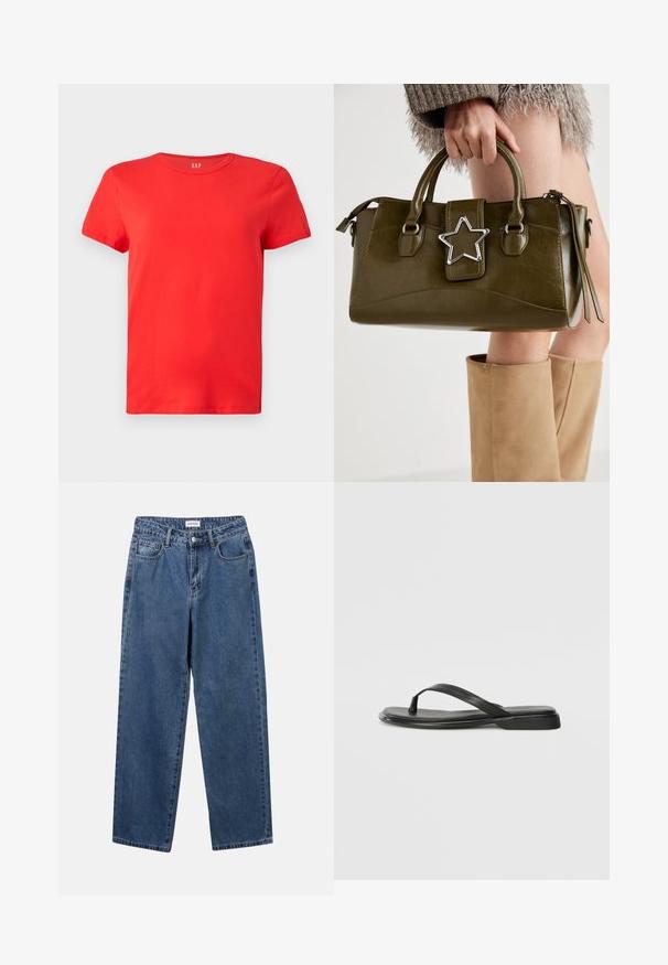 Punane puuvillane lühikeste varrukatega t-särk, millel on ümar kaelus, lõdva istuvuse ja valge "GAP" logo kaela keskosas.; Klassikalised sinised denimists teksad otsejalaga disainiga, viie taskuga ja nööbisuletusega. Omab keskmist pesu ja tugevat tekstuuri.; Musta sussumood, mis on valmistatud siledast nahast. Sellel on õhuke rihma disain ja lame tald minimaalsete joontega. Mingeid silmatorkavaid mustreid või aktsente ei ole.; Oliivroheline kunstnahast käekott koos hõbedase tähe aktsendiga, kahe käepideme ja luku sulgemisega. Tekstuuriga pind ja struktureeritud kuju.