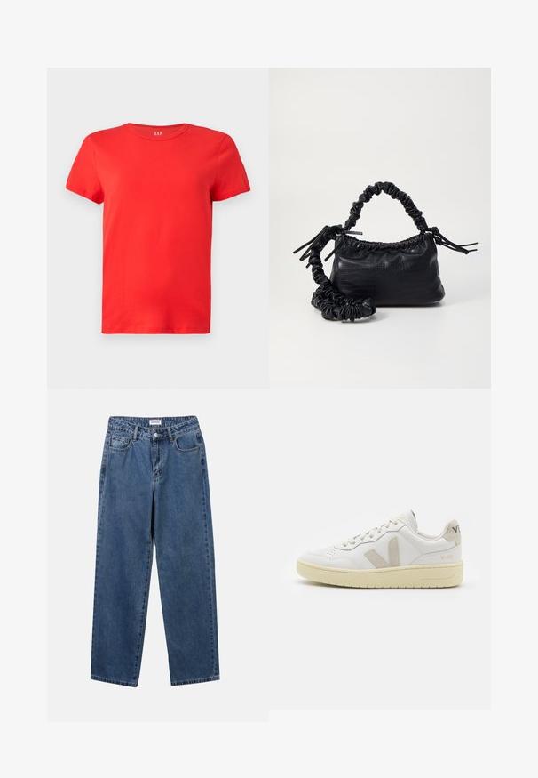 T-shirt de algodão vermelho de manga curta com decote redondo, apresentando um corte relaxado e o logotipo "GAP" em branco no centro do decote.; Jeans de denim azul clássicos com um design de perna reta, cinco bolsos e fecho de botão. Apresenta um tratamento médio e uma textura resistente.; Sapatilha de couro branca com detalhes em camurça bege, biqueira perfurada, atacadores planos e sola texturizada creme. Apresenta uma marcação subtil no calcanhar.; Bolsa de mão em couro sintético preto com textura de crocodilo, topo franzido e alça enrugada. Apresenta um design suave e compacto.