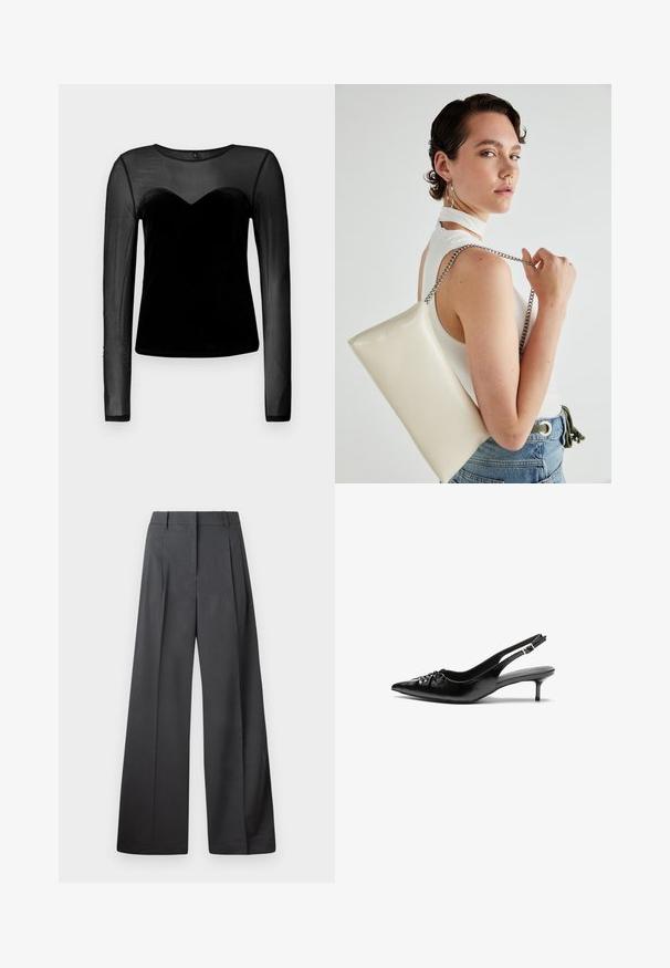 Top negro de manga larga con tejido de malla transparente en las mangas y en la parte superior del pecho, y material de terciopelo sólido en el torso.; Pantalones de pierna ancha en tejido gris oscuro, con una cintura alta, pliegues simples y una textura suave con un acabado limpio en los dobladillos.; Tacones slingback de cuero negro con punta afilada, pequeño tacón kitten y un detalle de nudo decorativo en la parte frontal. Textura suave en toda la superficie.; Bolso de mano rectangular blanco, hecho de un material brillante, con una cadena plateada. La modelo posa, mostrando el bolso frente a un fondo liso.