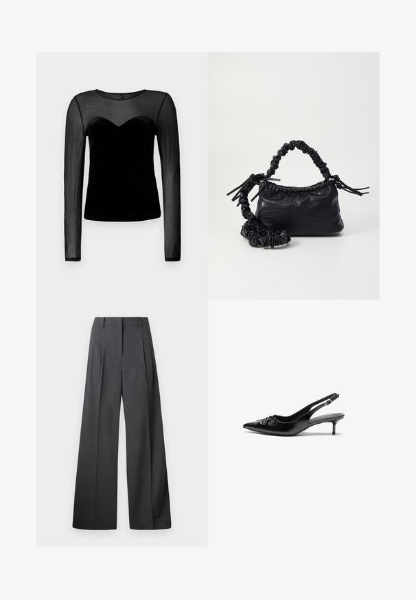 Black long-sleeve top with sheer mesh fabric on sleeves and upper chest, and solid velvet material on the torso.; Wide-leg trousers in dark gray fabric, featuring a high waist, single pleats, and a smooth texture with a clean finish at the hems.; Black leather slingback heels with a pointed toe, small kitten heel, and a decorative knot detail on the front. Smooth texture throughout.; Black faux leather handbag with a crocodile texture, cinched top, and a scrunched strap. Appears soft and compact in design.