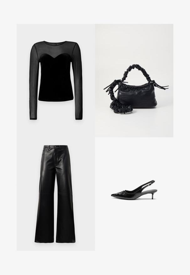 Black long-sleeve top with sheer mesh fabric on sleeves and upper chest, and solid velvet material on the torso.; Black high-waist wide-leg faux leather pants with front button, zip closure, belt loops, and side pockets on white background.; Black leather slingback heels with a pointed toe, small kitten heel, and a decorative knot detail on the front. Smooth texture throughout.; Black faux leather handbag with a crocodile texture, cinched top, and a scrunched strap. Appears soft and compact in design.