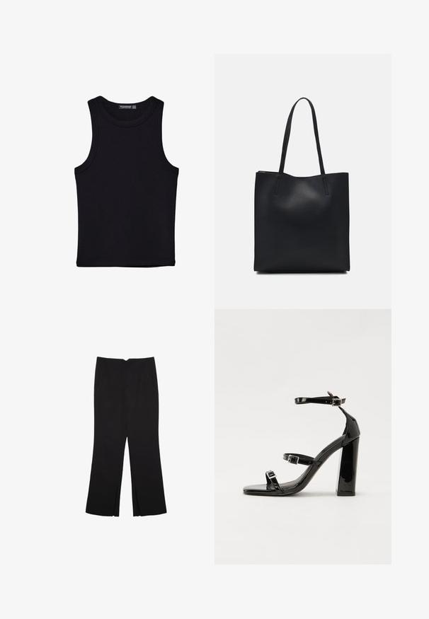Schwarzes Tanktop aus Baumwolle mit rundem Halsausschnitt und weiten Armöffnungen. Glatte Textur mit genähten Säumen. Klassisches, minimalistisches Design.; Schwarze Hose mit geradem Schnitt, ausgestattet mit Fronttaschen und Seitenschlitzen am Saum. Hergestellt aus weichem, glattem Stoff. Geeignet für verschiedene Anlässe.; Schwarze patentierte Sandalen mit Absatz, quadratischer Spitze, Knöchelriemen und silbernen Schnallen. Mit einem stabilen Blockabsatz für mehr Stabilität.; Schwarze Laptoptasche aus Leder mit glatter Textur, rechteckiger Form und zwei langen Griffen. Keine sichtbaren Beschläge oder Verzierungen.