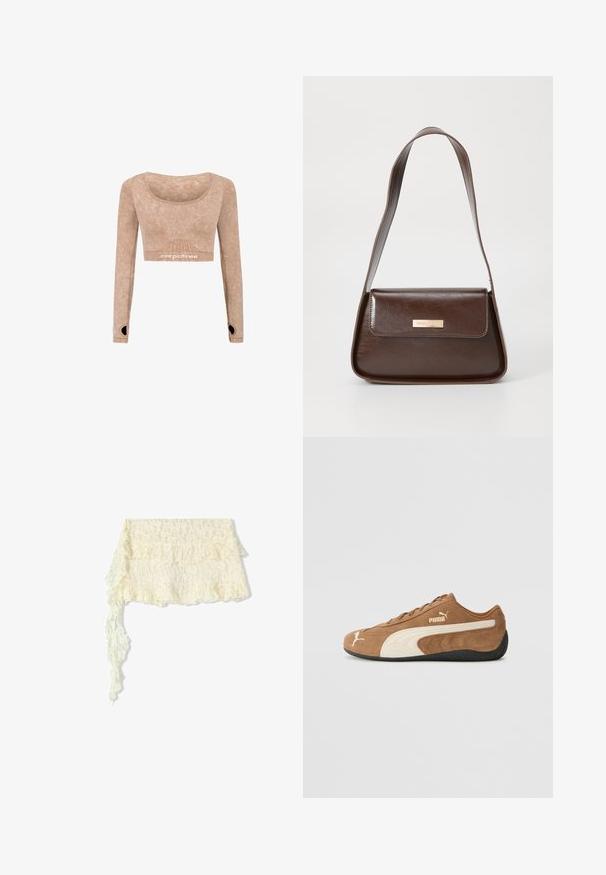 Dolge rokave skrajšan top v svetlo rjavi barvi, izdelan iz mehkega materiala z gladko teksturo; ima krožni izrez in odprtine za prste na rokavih.; Čipkast plašč v slonokošni barvi z nabranimi robovi; vsebuje zapletene cvetlične vzorce; nežno se preliva z dolgim, vlečenim koncem.; Rjave zamšaste nizke teniske s kremastimi poudarki, teksturirano površino, črnim gumijastim podplatom in izvezenim logotipom na strani in jeziku.; Rjava usnjena torba za ramo z urejeno obliko, ki ima magnetno zapiranje na pokrovu in kovinski logotip na sprednji strani.