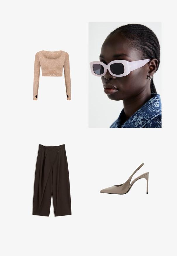 Maglietta corta a maniche lunghe di colore marrone chiaro, realizzata in tessuto morbido con una texture liscia; presenta una scollatura a barchetta e dettagli con foro per il pollice sulle maniche.; Pantaloni a gamba larga marrone scuro con vita alta, dotati di una chiusura con bottone singolo e una parte anteriore plissettata. Realizzati in tessuto leggero.; Décolleté in vernice beige con punta affusolata e design elegante, caratterizzate da un sottile tacco alto e un dettaglio a taglio sul lato.; Occhiali da sole traslucidi rosa con montatura quadrata e lenti scure, caratterizzati da una superficie liscia e asticelle larghe.
