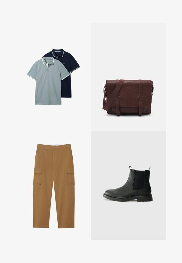 Duas camisetas polo: uma cinza claro, outra azul marinho. Ambas apresentam um acabamento contrastante em branco no colarinho e nas mangas, com uma textura subtil.; Calças cargo castanhas com dois bolsos laterais, frente plana e corte reto. Feitas de um tecido durável com uma textura suave.; Botas Chelsea em couro preto com painéis laterais elásticos, alças de puxar, bico arredondado e solado de borracha texturizada. Superfície lisa e design robusto.; Mala mensageiro de couro castanho com uma aba frontal plana, duas correias, detalhes em metal dourado e uma alça de ombro ajustável.