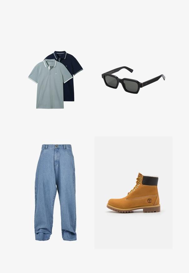 Dve polo tričká: jedno svetlosivé, druhé námornícke modré. Obe majú kontrastný biely lem na golieri a rukávoch s jemnou textúrou.; Svetlomodré džínsové nohavice s voľným strihom, zapínaním na gombík, prednými vreckami a manžetou, so klasickým päťvreckovým dizajnom.; Hnedé kožené ankle boot s kovovými očkami, bielym kožúškom vo vnútri, čiernym vypolstrovaným golierom, robustnou podrážkou a vyrazeným logom na boku.; Čierne, štvorcové slnečné okuliare so sivými sklami. Hrubé plastové rámy majú zlaté akcenty a branding na spánku. Hladký povrch.