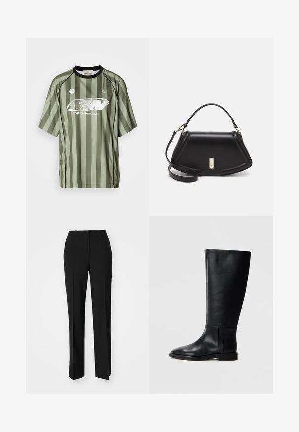 Roheline triibuline spordipluus lühikeste varrukatega, millel on must kaelus ja valge logo, valmistatud siledast, hingavast kangast.; Mustad ja sirged püksid, millel on sile tekstuur ja teravad voldid esiosas. Ilma nähtavate detailideta.; Mustadast mustad nahast põlve kõrgus kingad, ümarate varvastega, siledast tekstuurist, minimalistlikus disainis ja lame tallaga. Lihtsad õmbluse detailid varrel.; Must mustrist käekott, millel on struktureeritud disain, lühendatud kuju, ülemine käepide ja kuldne metallist detail. Reguleeritav õlalihm on kaasas.