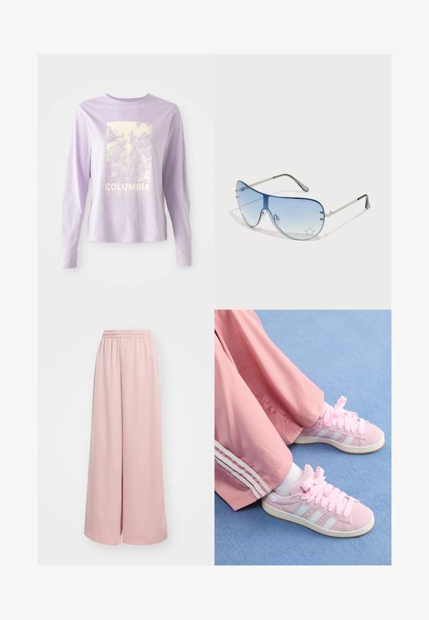 Lavender long-sleeve shirt featuring a forest graphic and "COLUMBIA SPORTSWEAR" text in white. Made from soft fabric with a relaxed fit.; Light pink wide-leg pants with an elastic waistband. Smooth fabric with side pockets and subtle branding on the left leg.; Pink athletic shoes with light blue stripes, round toe, and thick pink laces, paired with pink track pants featuring white side stripes.; Aviator sunglasses featuring a gradient blue lens, silver metal frame, and decorative star accents on the lens. Smooth and sleek design.