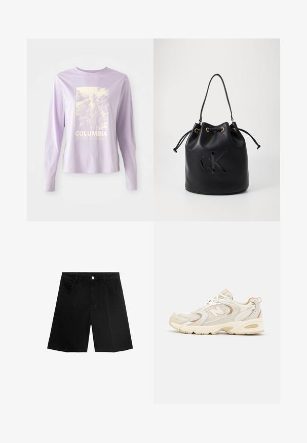 Liliowa koszula z długim rękawem z grafiką lasu i napisem "COLUMBIA SPORTSWEAR" w białym kolorze. Wykonana z miękkiego materiału o luźnym kroju.; Czarne szorty dżinsowe o prostym kroju, z pięcioma kieszeniami i zapięciem na srebrny guzik. Gładka tekstura z minimalnymi detalami przeszyć.; Beżowe buty sportowe z siateczkowymi i syntetycznymi nakładkami, z teksturowaną powierzchnią, wyściełanym kołnierzem oraz amortyzacją "ABZORB" w pięcie.; Czarna skórzana torba typu bucket z zaciąganym zamknięciem, z błyszczącym logo "CK" z przodu i złotymi akcentami.