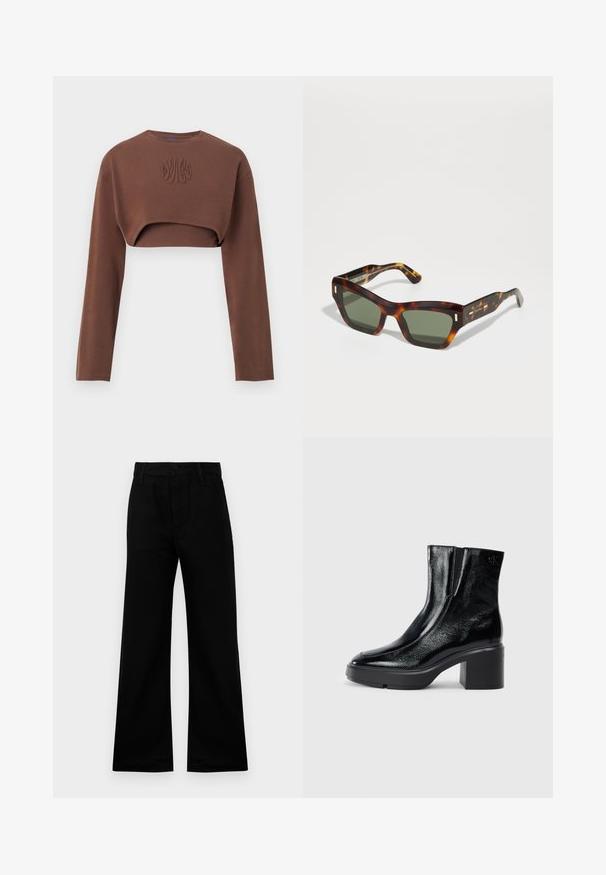 Hanorac maro cropped, cu mâneci lungi, guler rotund și un detaliu texturat în față. Fabricat din material moale.; Pantaloni negri cu picioare largi, confecționați dintr-un material neted, cu talie înaltă, prevăzuți cu închidere prin nasture și bucle pentru curea, oferind o croială structurantă.; Bocanci de gleznă din piele lacuită neagră, cu vârf curbat, panouri elastice pe laterale și toc bloc masiv. Prezintă un logo embosat pe spate.; Ochelari de soare cu rame țestoasă, cu lentile verzi, de formă rectangulară. Rama groasă are accente de aur pe tâmple. Textură netedă și design unghiular.