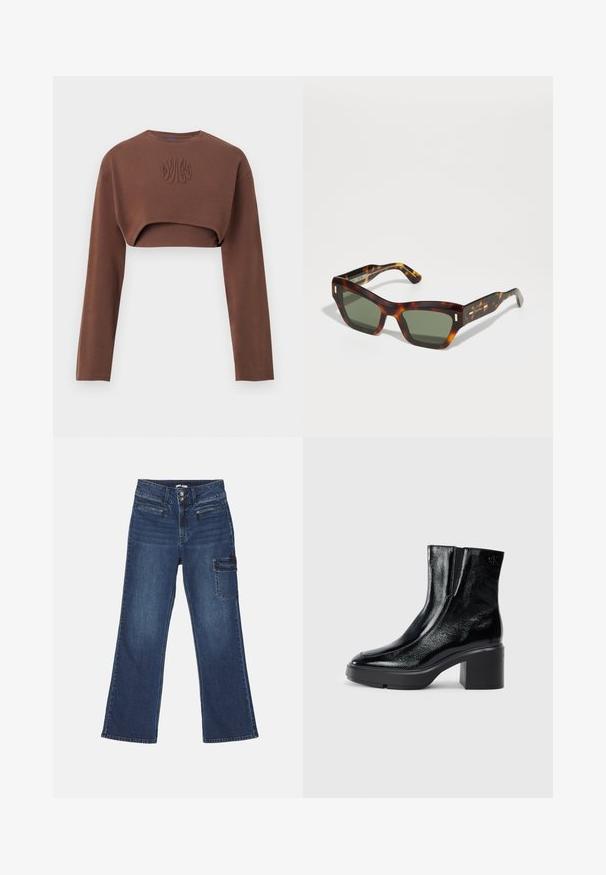 Brun kort genser med lange ermer, rund hals og en strukturert detalj foran. Laget av mykt stoff.; Mørkeblå denimjeans i bred ben-design. Har frontlommer, doble knapper i midjen og en sidelomme.; Sorte lakkskinn ankelstøvler med buet tå, elastiske sidestykker og en chunky klossheel. Har preget logo på baksiden.; Skilpaddevatn solbriller med rektangulære grønne linser. Tykke rammer med gullakenter på templene. Glatt tekstur og kantete design.